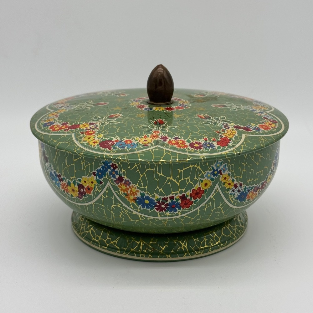 Vintage Daher England Green Crackle Floral Pedestal Candy Tin Acorn Knob Lid